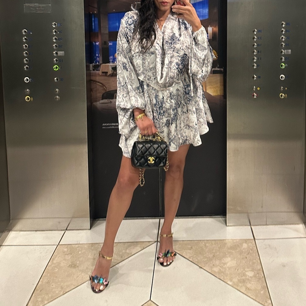 Blue White Floral Satin Dress